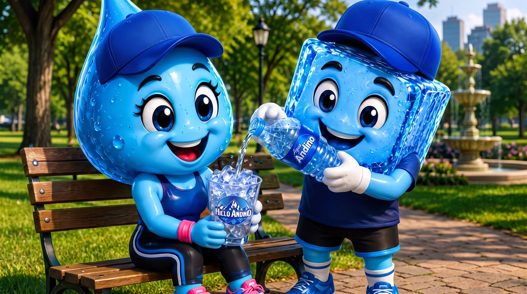 Andinita y Andinito, las mascotas de Hielo Andino, compartiendo agua Andino en un parque